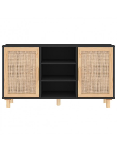 Credenza Nera 105x30x60cm Legno Massello Pino e Rattan Naturale