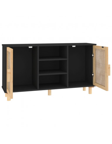 Credenza Nera 105x30x60cm Legno Massello Pino e Rattan Naturale
