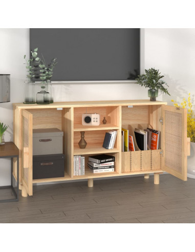 Credenza Marrone 105x30x60cm Massello di Pino e Rattan Naturale