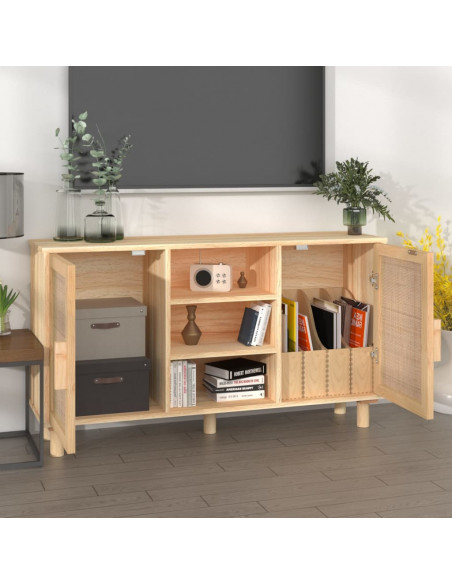 Credenza Marrone 105x30x60cm Massello di Pino e Rattan Naturale