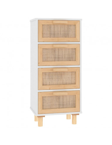 Credenza Bianca 40x30x90cm Legno Massello Pino Rattan Naturale