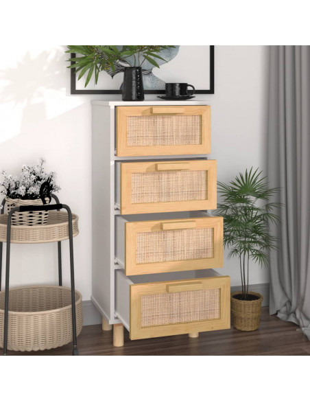 Credenza Bianca 40x30x90cm Legno Massello Pino Rattan Naturale