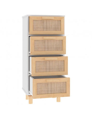 Credenza Bianca 40x30x90cm Legno Massello Pino Rattan Naturale