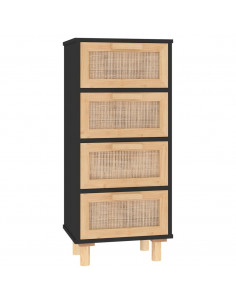 Credenza Nera 40x30x90 cm Legno Massello Pino e Rattan Naturale 2