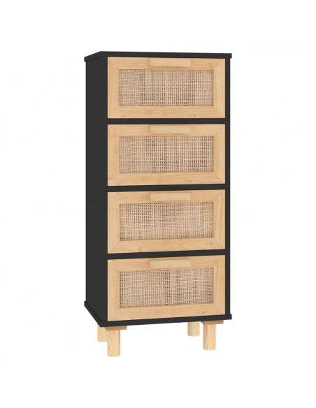 Credenza Nera 40x30x90 cm Legno Massello Pino e Rattan Naturale