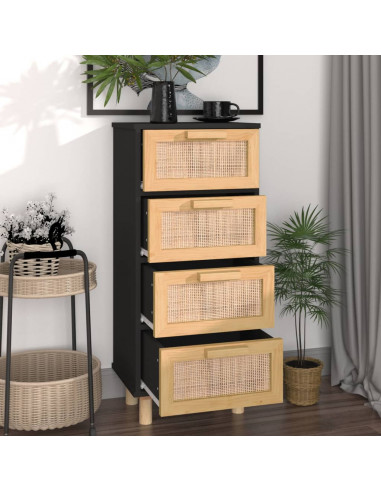 Credenza Nera 40x30x90 cm Legno Massello Pino e Rattan Naturale