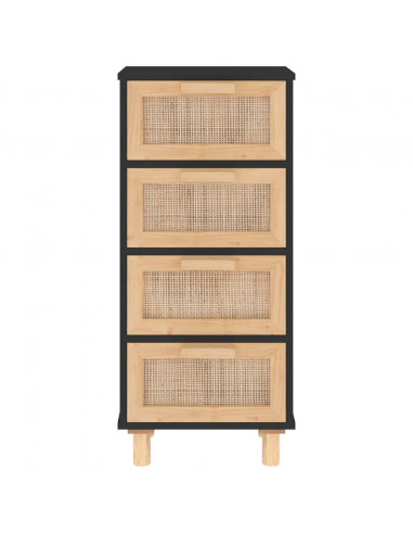 Credenza Nera 40x30x90 cm Legno Massello Pino e Rattan Naturale
