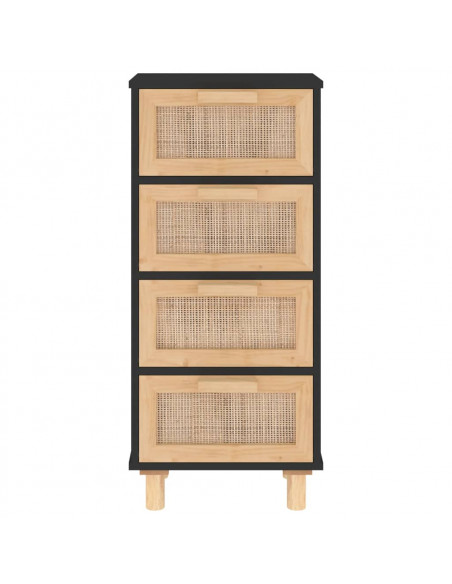 Credenza Nera 40x30x90 cm Legno Massello Pino e Rattan Naturale