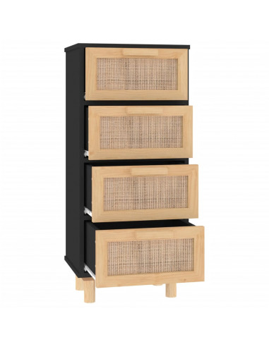 Credenza Nera 40x30x90 cm Legno Massello Pino e Rattan Naturale