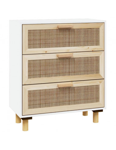 Credenza Bianca 60x30x70 cm Legno Massello Pino Rattan Naturale