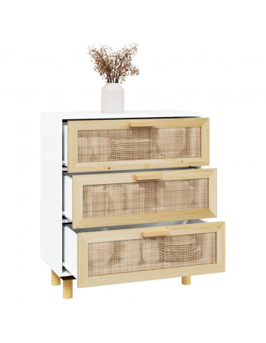 Credenza Bianca 60x30x70 cm Legno Massello Pino Rattan Naturale