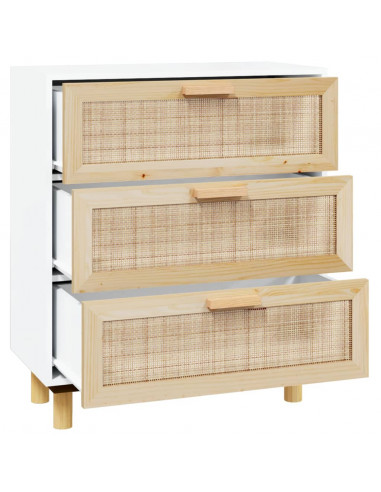 Credenza Bianca 60x30x70 cm Legno Massello Pino Rattan Naturale
