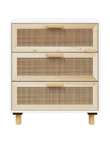 Credenza Bianca 60x30x70 cm Legno Massello Pino Rattan Naturale