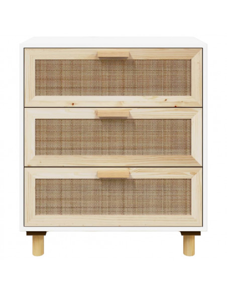 Credenza Bianca 60x30x70 cm Legno Massello Pino Rattan Naturale
