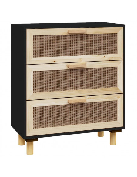 Credenza Nera 60x30x70 cm Legno Massello Pino e Rattan Naturale