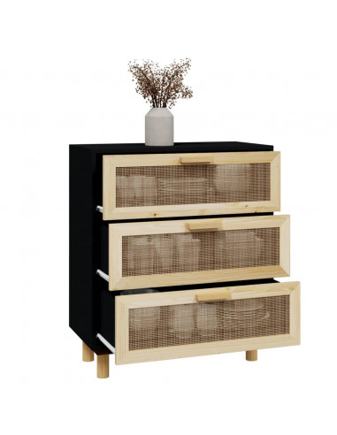 Credenza Nera 60x30x70 cm Legno Massello Pino e Rattan Naturale