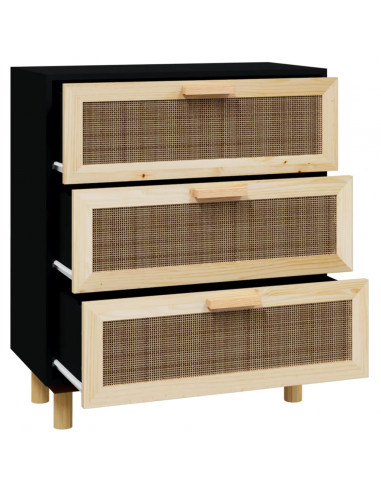 Credenza Nera 60x30x70 cm Legno Massello Pino e Rattan Naturale