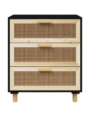Credenza Nera 60x30x70 cm Legno Massello Pino e Rattan Naturale