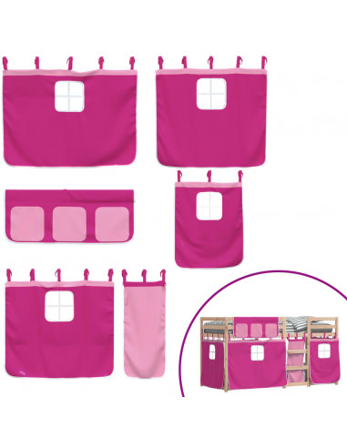 Letto a Castello con Tende Rosa 75x190 cm Legno Massello Pino