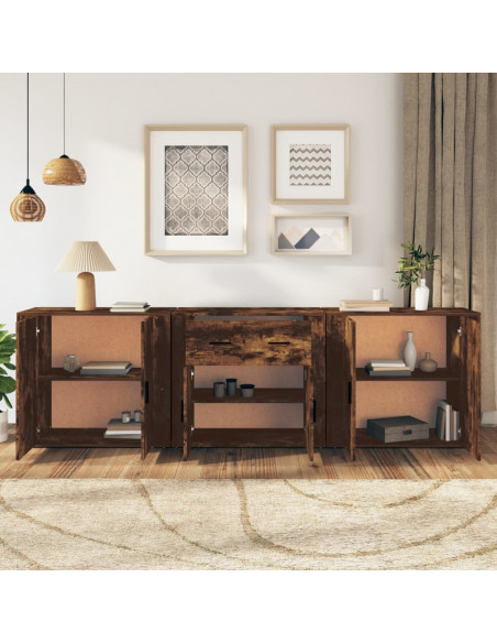 Credenze 3 pz Rovere Fumo in Legno Multistrato