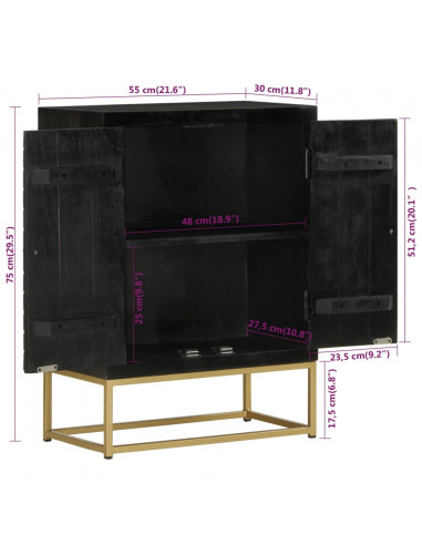 Credenza con 2 Ante Nero e Oro 55x30x75 cm Legno Massello Mango
