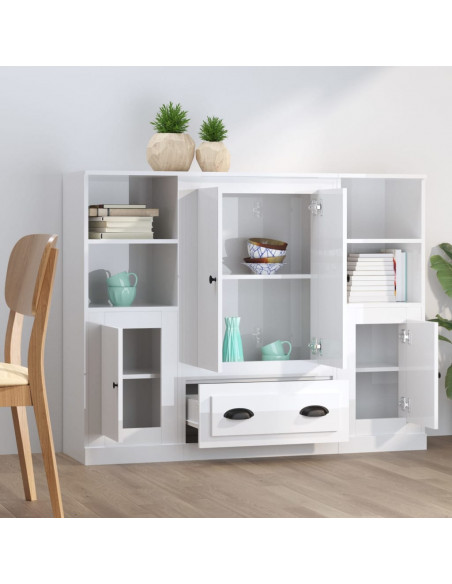 Credenze 3 pz Bianco Lucido in Legno Multistrato