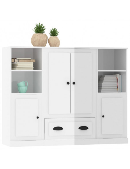 Credenze 3 pz Bianco Lucido in Legno Multistrato