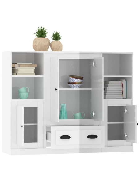 Credenze 3 pz Bianco Lucido in Legno Multistrato