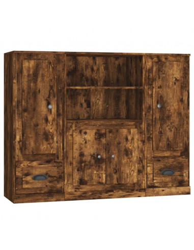 Credenze 3 pz Rovere Fumo in Legno Multistrato