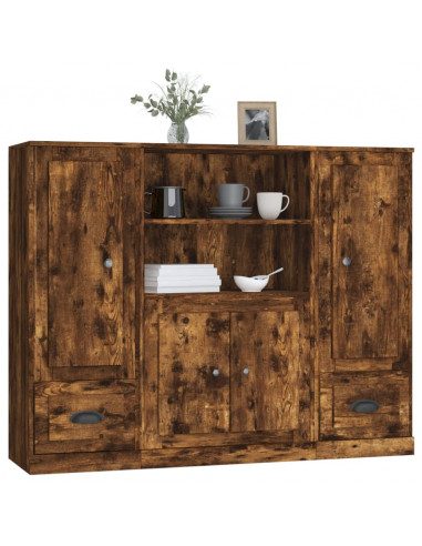Credenze 3 pz Rovere Fumo in Legno Multistrato