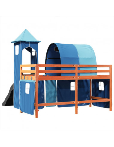Letto a Soppalco con Torre Bambini Blu 80x200cm Massello Pino