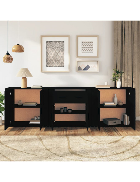 Credenze 3 pz Nere in Legno Multistrato