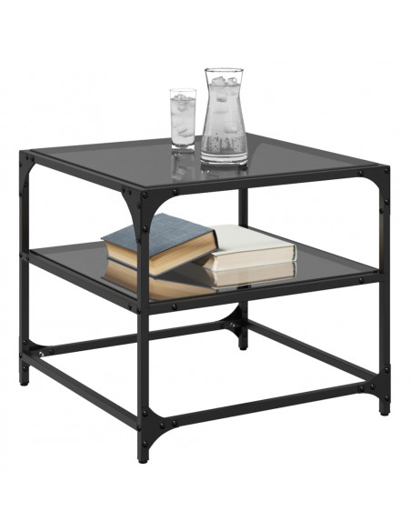 Tavolino con Piano in Vetro Nero 50x50x45 cm Acciaio