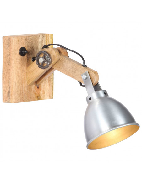 Lampada da Parete E27 Argento Legno Massello di Mango e Ferro