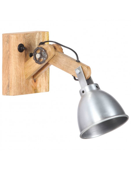 Lampada da Parete E27 Argento Legno Massello di Mango e Ferro