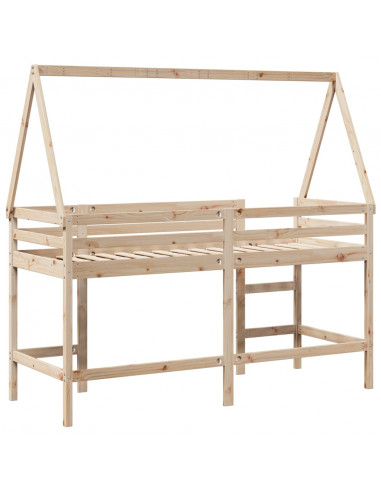 Letto Soppalco con Scala e Tetto 80x200 cm Legno Massello Pino