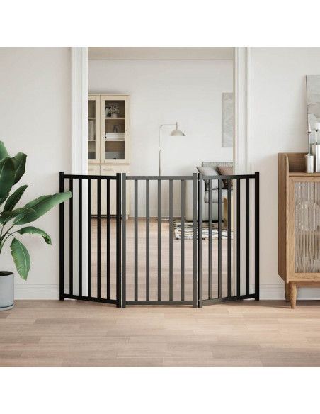 Cancello Cani Pieghevole 3 Pannelli Nero 150 cm Massello Abete