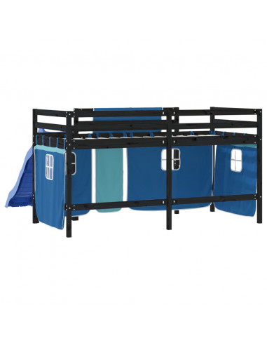 Letto a Soppalco con Tende Bambini Blu 80x200 cm Massello Pino
