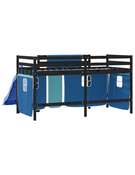 Letto a Soppalco con Tende Bambini Blu 80x200 cm Massello Pino