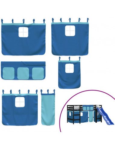 Letto a Soppalco con Tende Bambini Blu 80x200 cm Massello Pino