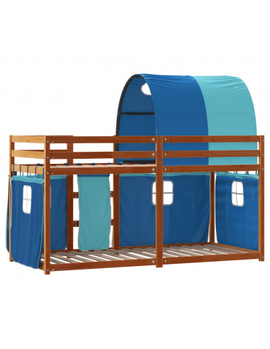 Letto a Castello con Tende Blu 75x190 cm Massello Pino