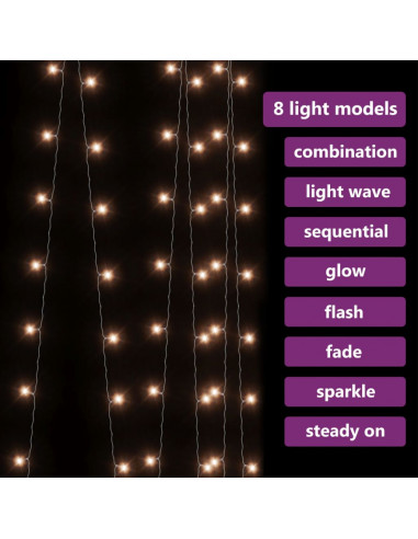 Tenda Luci a Ghiaccioli 3x3m 300 LED Bianco Caldo 8 Funzioni