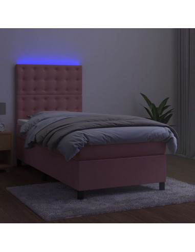 Letto a Molle con Materasso e LED Rosa 90x200 cm in Velluto