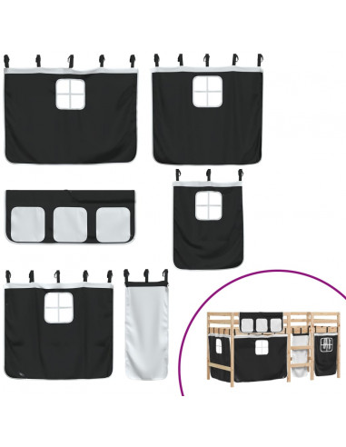 Letto a Soppalco con Tende Bambini Bianco e Nero 90x200 cm Pino