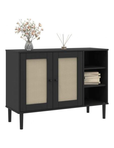 Credenza SENJA Aspetto Rattan Nero 112x40x80 cm Massello Pino
