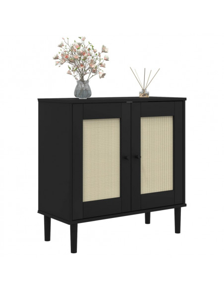 Credenza SENJA Aspetto Rattan Nero 80x35x80 cm Massello Pino