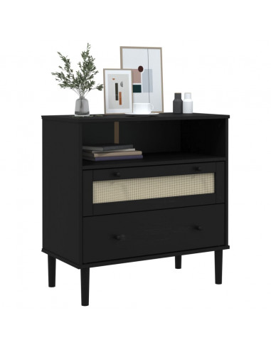 Credenza SENJA Aspetto Rattan Nero 80x40x80 cm Massello Pino