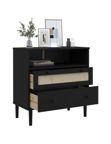 Credenza SENJA Aspetto Rattan Nero 80x40x80 cm Massello Pino