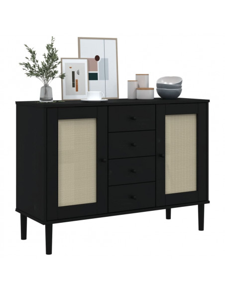 Credenza SENJA Aspetto Rattan Nero 112x40x80 cm Massello Pino