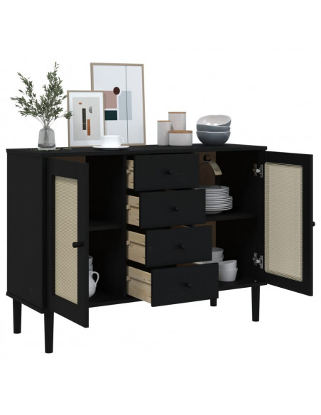 Credenza SENJA Aspetto Rattan Nero 112x40x80 cm Massello Pino